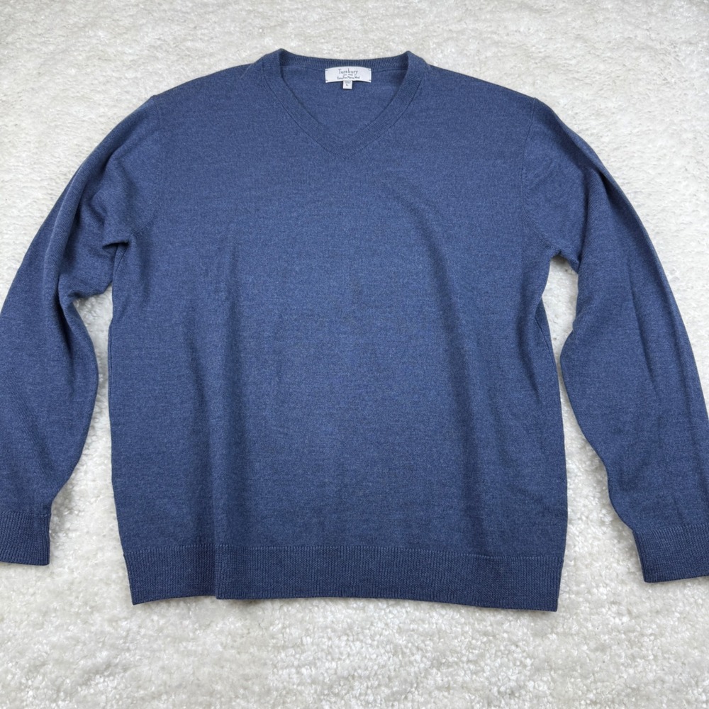 Turnbury Sweater Mens L Blue Extra Fine Merino Wool V-Neck Long Sleeve Knit